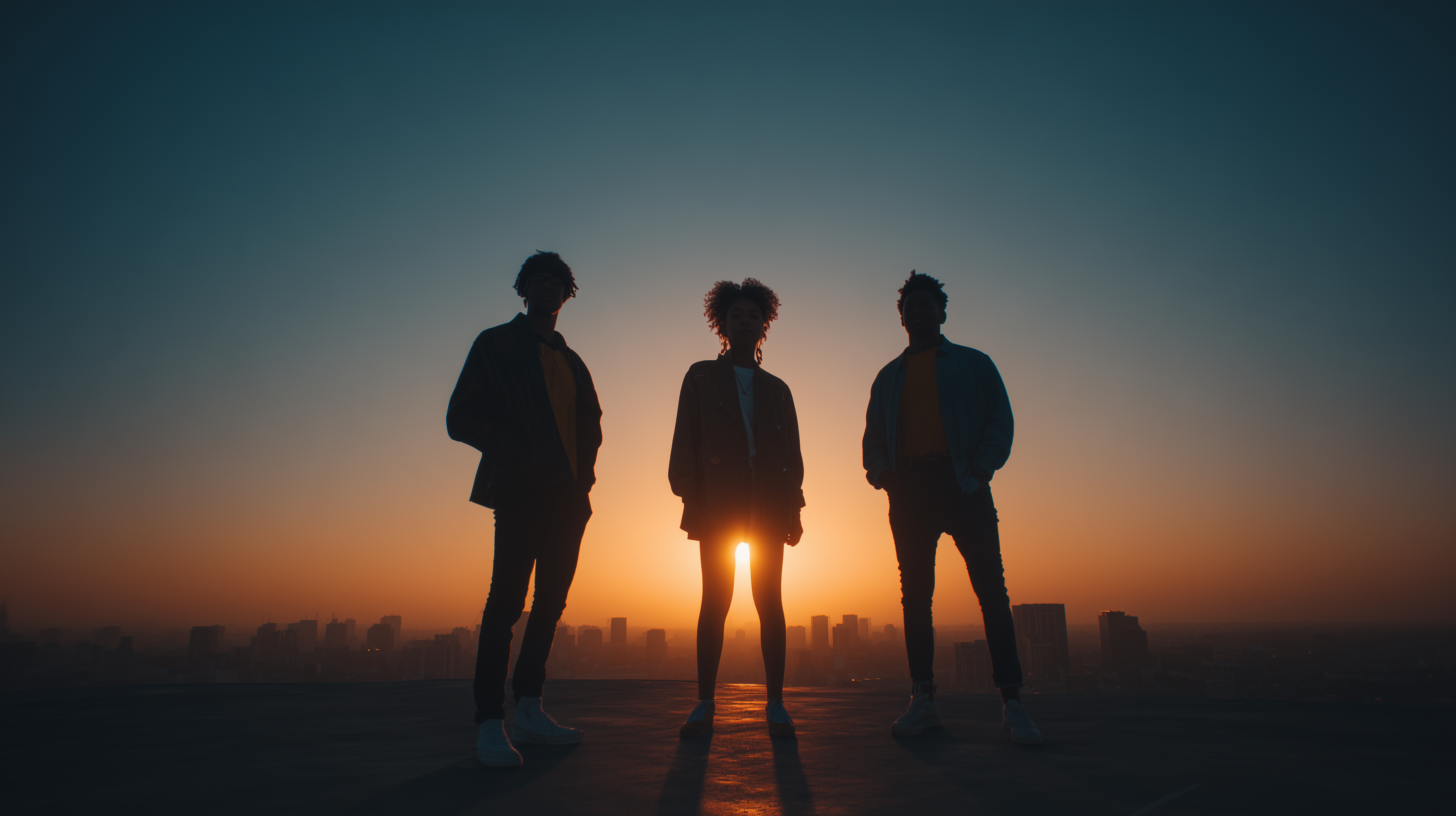 Three empowered teens standing at golden hour overlooking a city, representing REIGN International